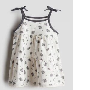 H&M Cotton Jersey Dress with Shoulder Straps White Dark Grey Floral Baby 9-12M